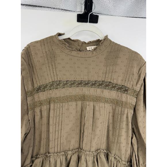 Pilcro Long Sleeve Mock Neck Swing Mini Dress Size L Rustic Olive Boho Eyelet - Picture 5 of 16